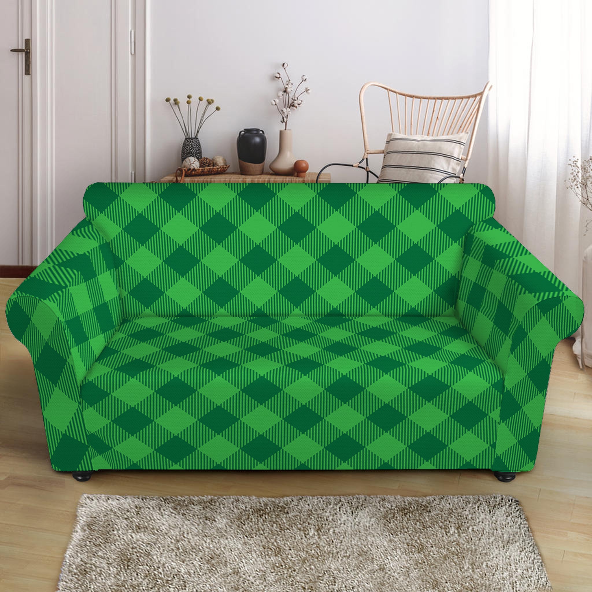 Irish Green Buffalo Plaid Print Loveseat Slipcover