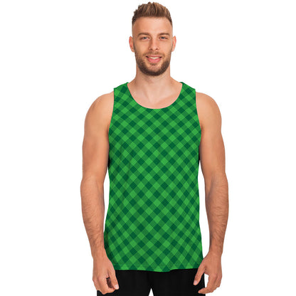 Irish Green Buffalo Plaid Print Men's Tank Top