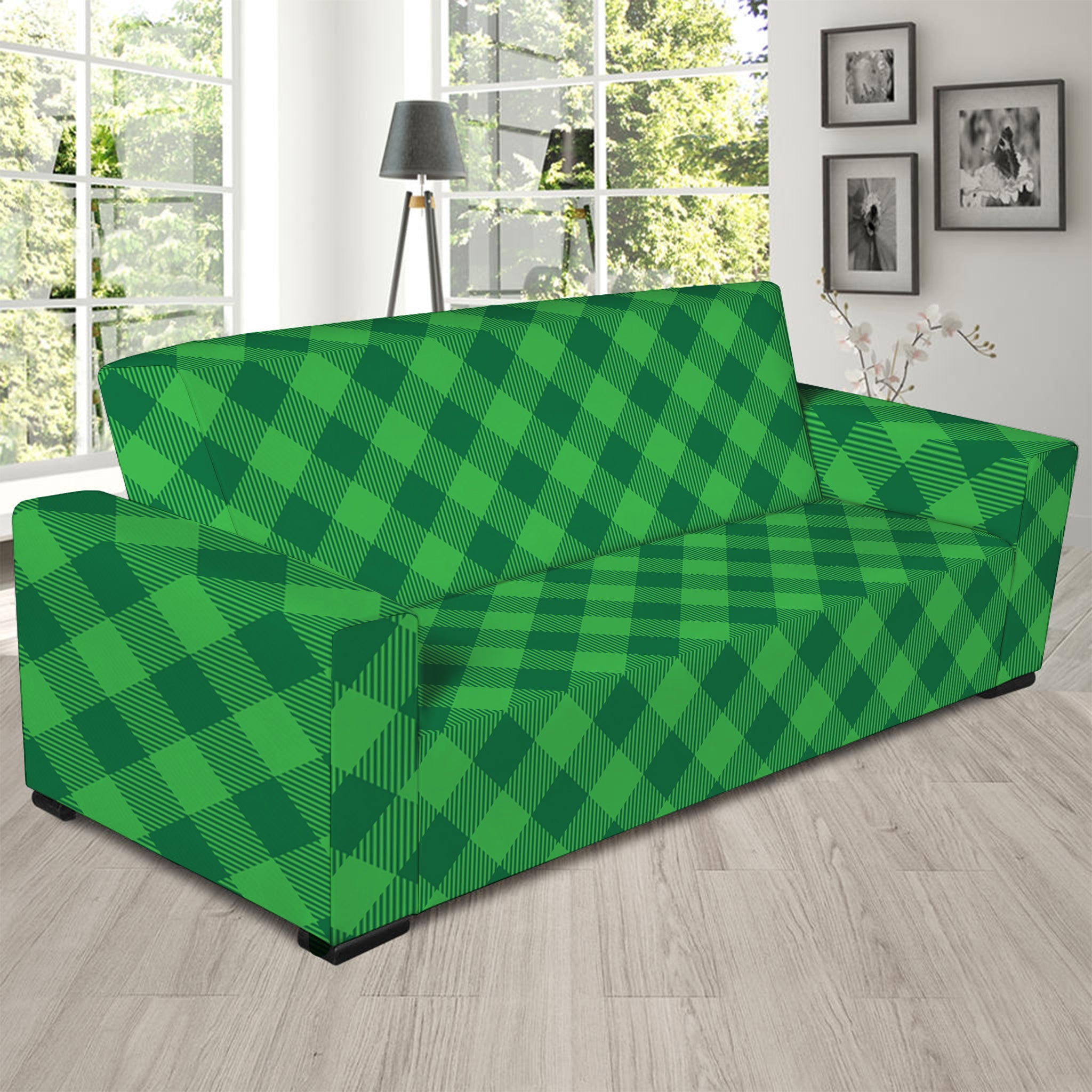 Irish Green Buffalo Plaid Print Sofa Slipcover