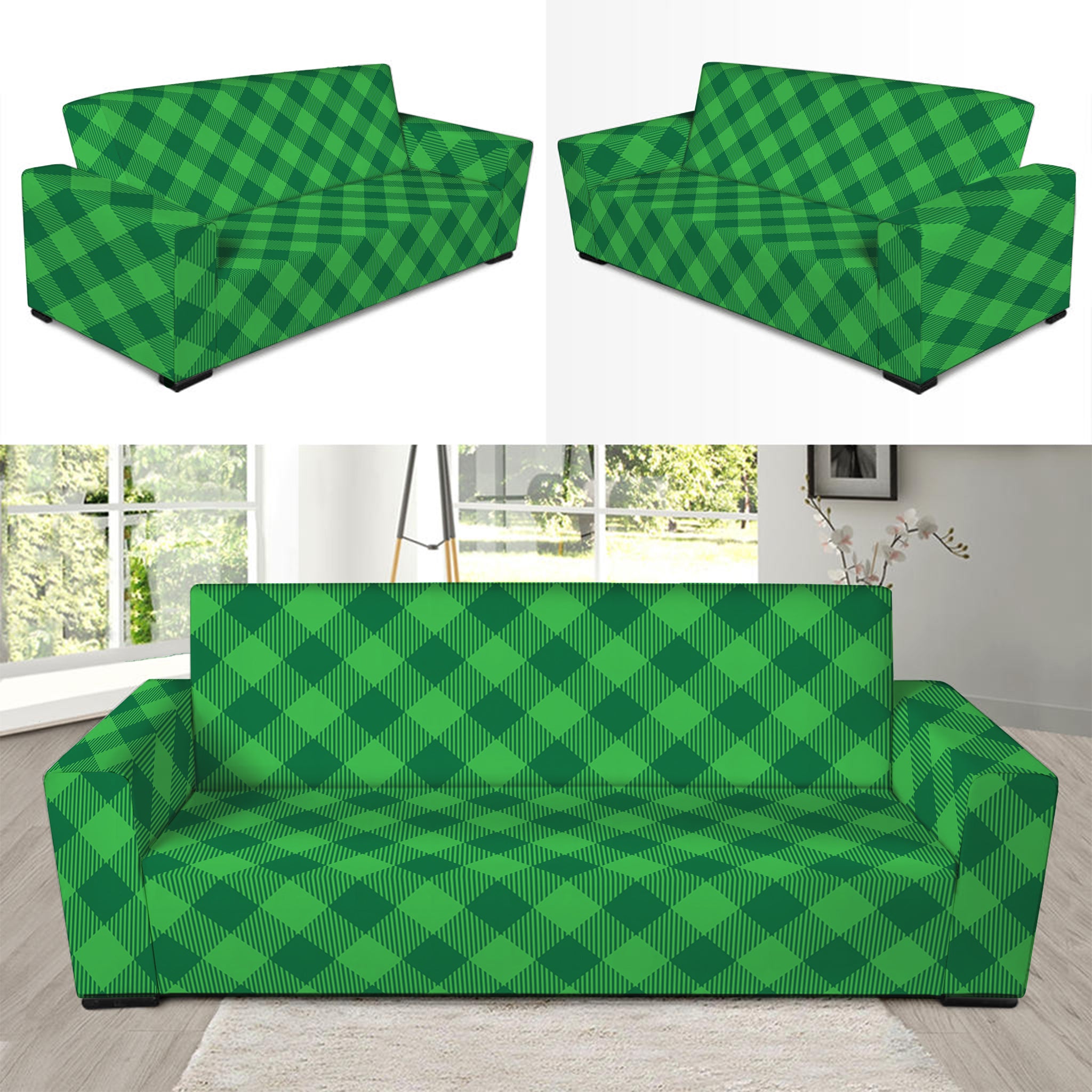 Irish Green Buffalo Plaid Print Sofa Slipcover