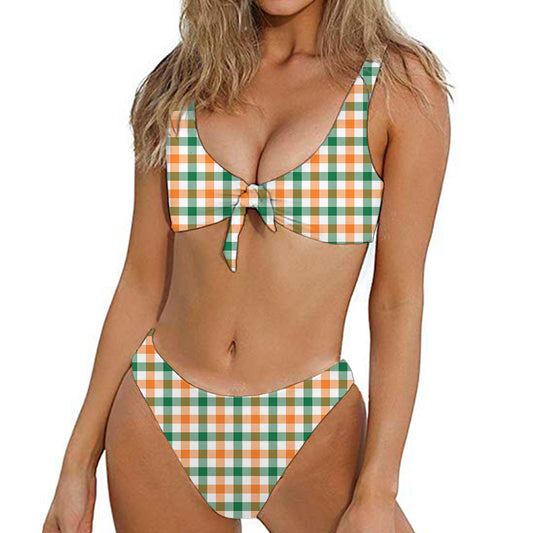 Irish Plaid St. Patrick's Day Print Front Bow Tie Bikini