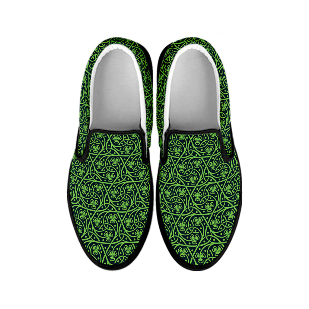 Irish Shamrock Pattern Print Black Slip On Shoes