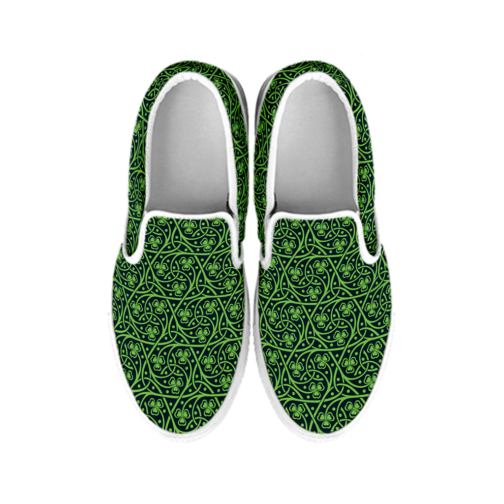 Irish Shamrock Pattern Print White Slip On Shoes