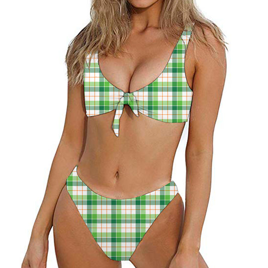 Irish St. Patrick's Day Tartan Print Front Bow Tie Bikini