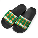 Irish Themed Argyle Pattern Print Black Slide Sandals