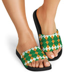 Irish Themed Argyle Pattern Print Black Slide Sandals