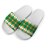 Irish Themed Argyle Pattern Print White Slide Sandals