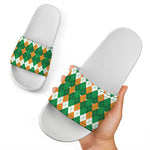 Irish Themed Argyle Pattern Print White Slide Sandals