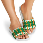 Irish Themed Argyle Pattern Print White Slide Sandals