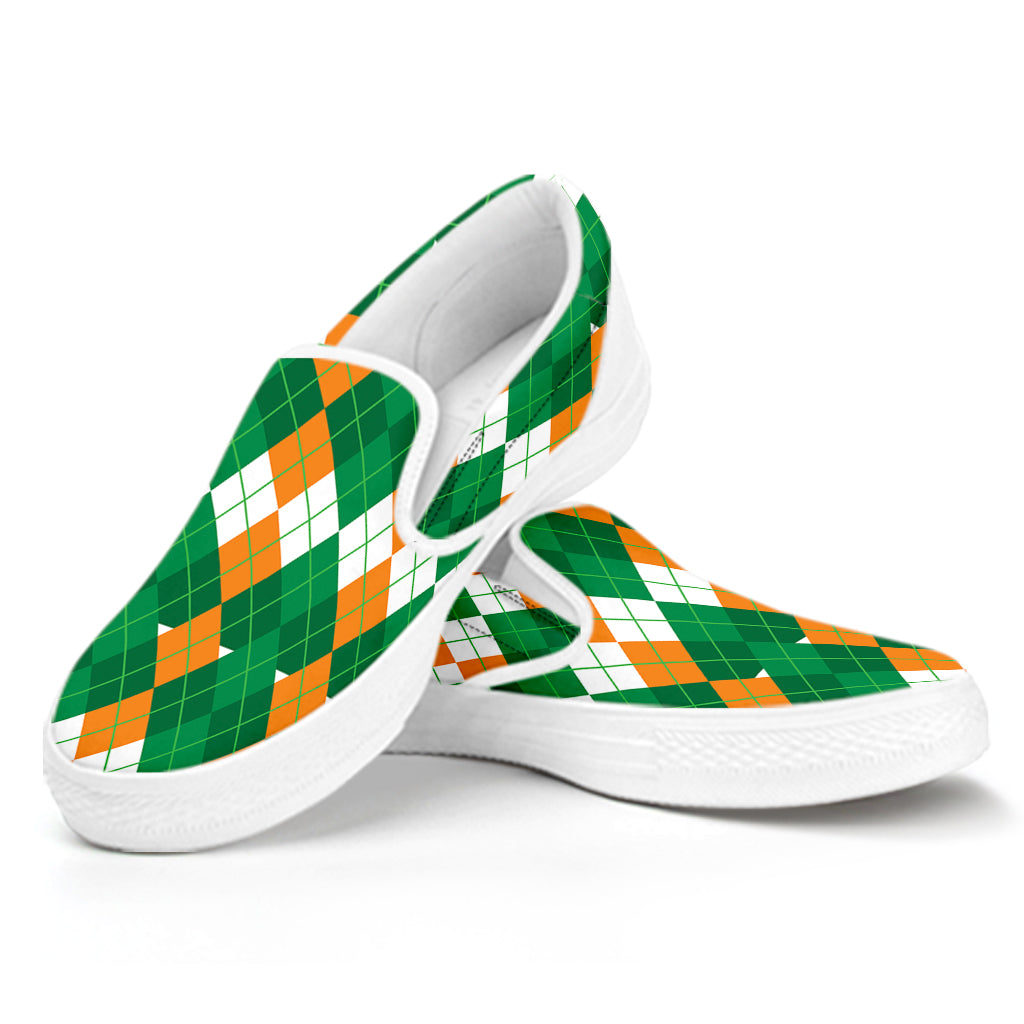 Irish Themed Argyle Pattern Print White Slip On Shoes