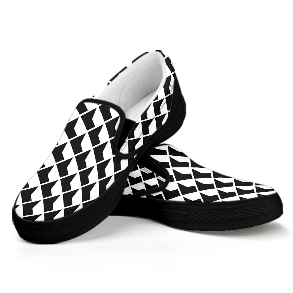 Isometric Geometric Pattern Print Black Slip On Shoes