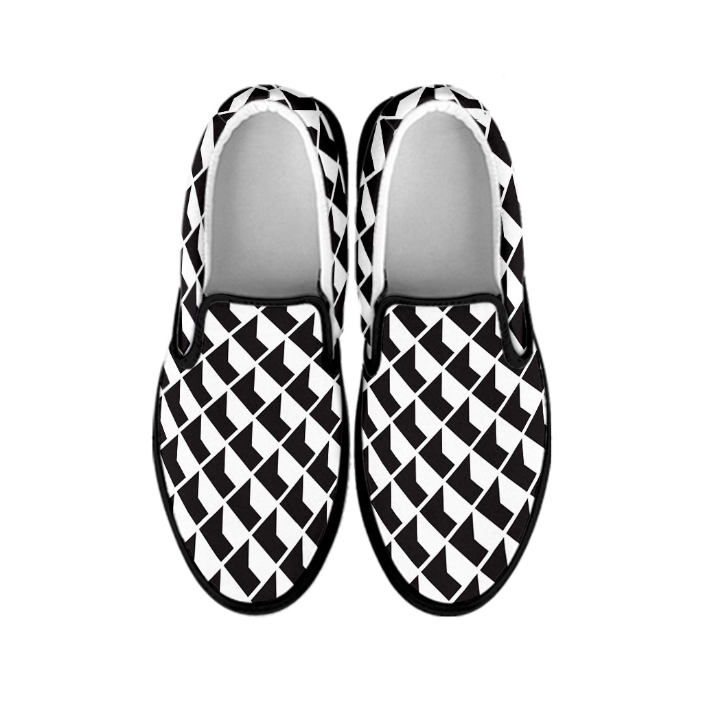 Isometric Geometric Pattern Print Black Slip On Shoes