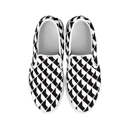 Isometric Geometric Pattern Print White Slip On Shoes