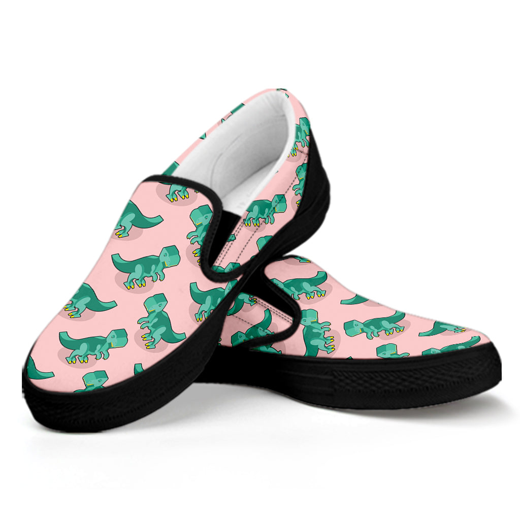 Isometric Tyrannosaurus Pattern Print Black Slip On Shoes