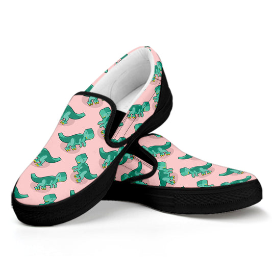 Isometric Tyrannosaurus Pattern Print Black Slip On Shoes