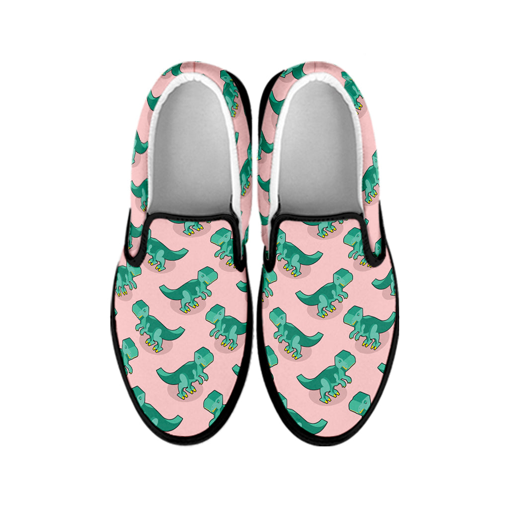 Isometric Tyrannosaurus Pattern Print Black Slip On Shoes