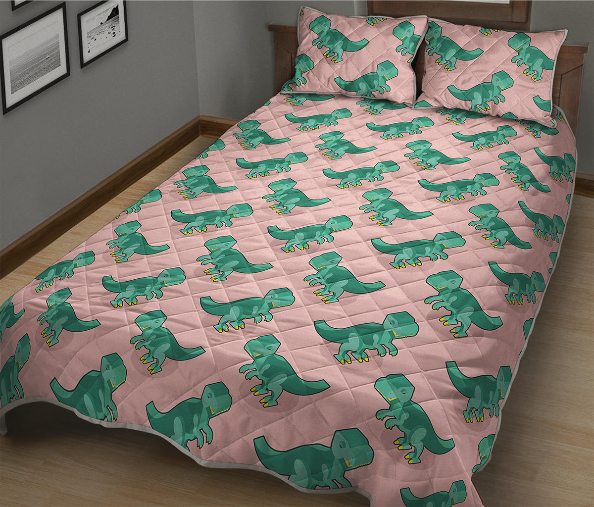 Isometric Tyrannosaurus Pattern Print Quilt Bed Set