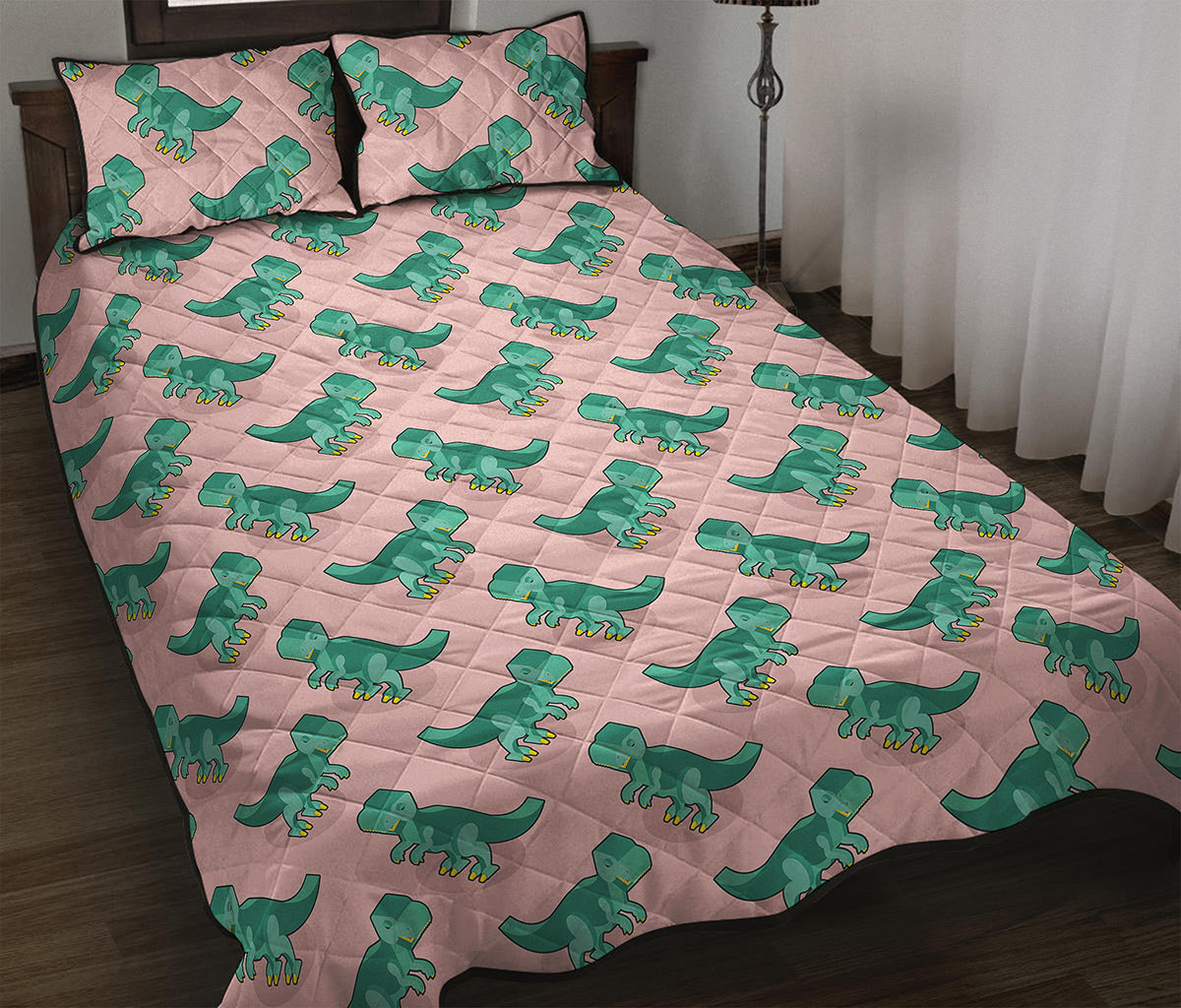 Isometric Tyrannosaurus Pattern Print Quilt Bed Set