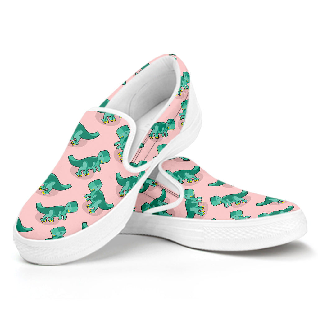 Isometric Tyrannosaurus Pattern Print White Slip On Shoes