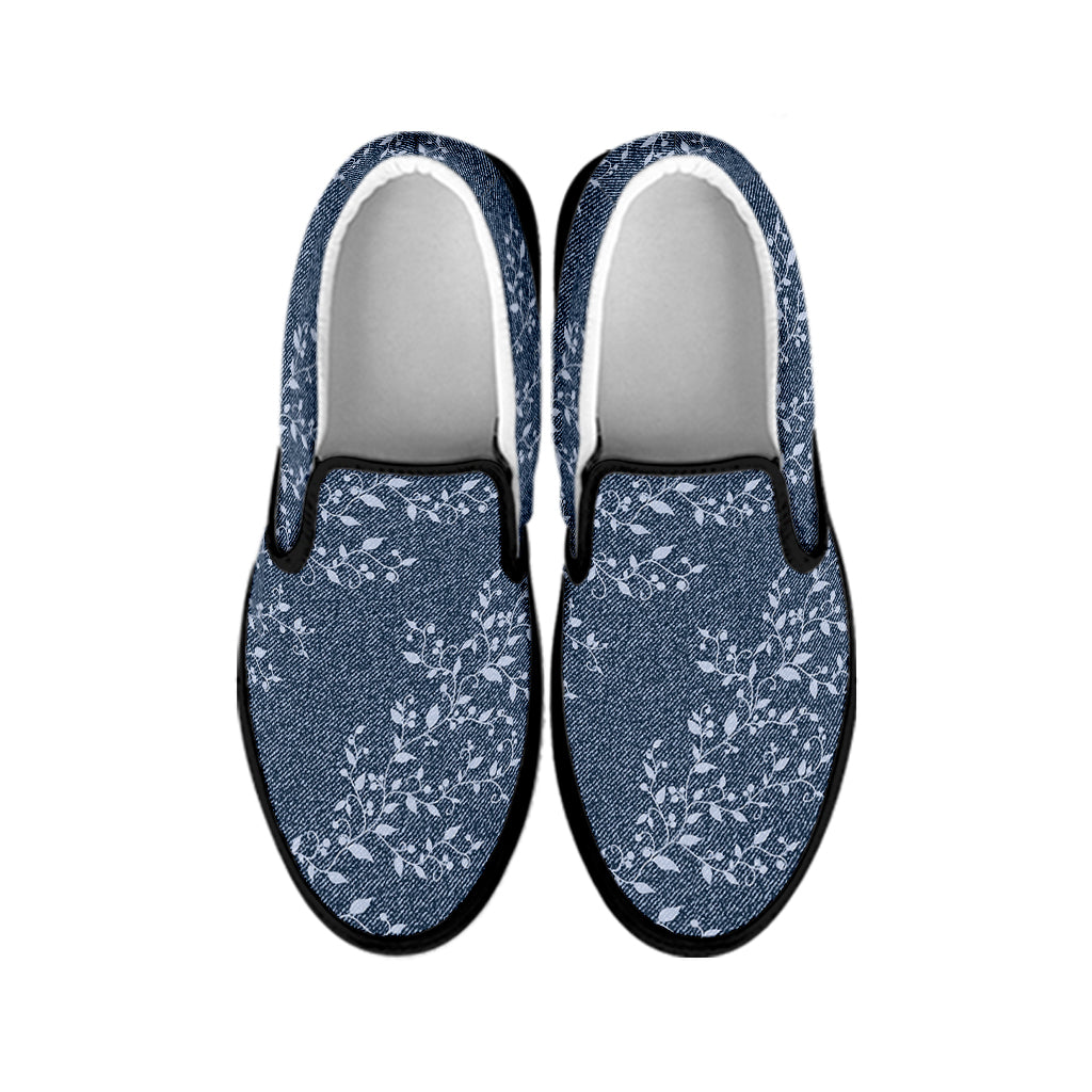 Ivy Flower Denim Jeans Pattern Print Black Slip On Shoes