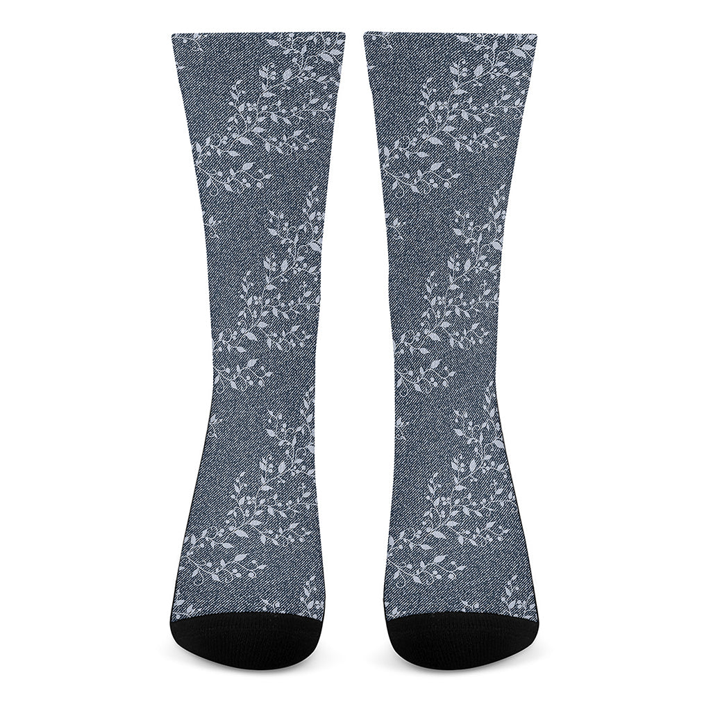 Ivy Flower Denim Jeans Pattern Print Crew Socks