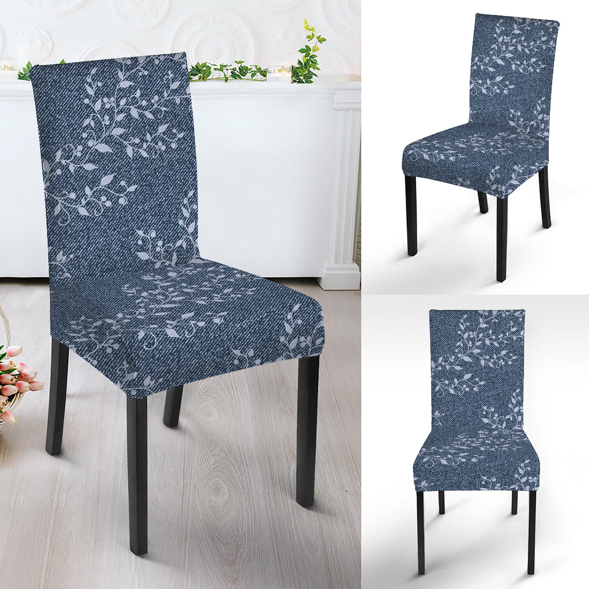 Ivy Flower Denim Jeans Pattern Print Dining Chair Slipcover