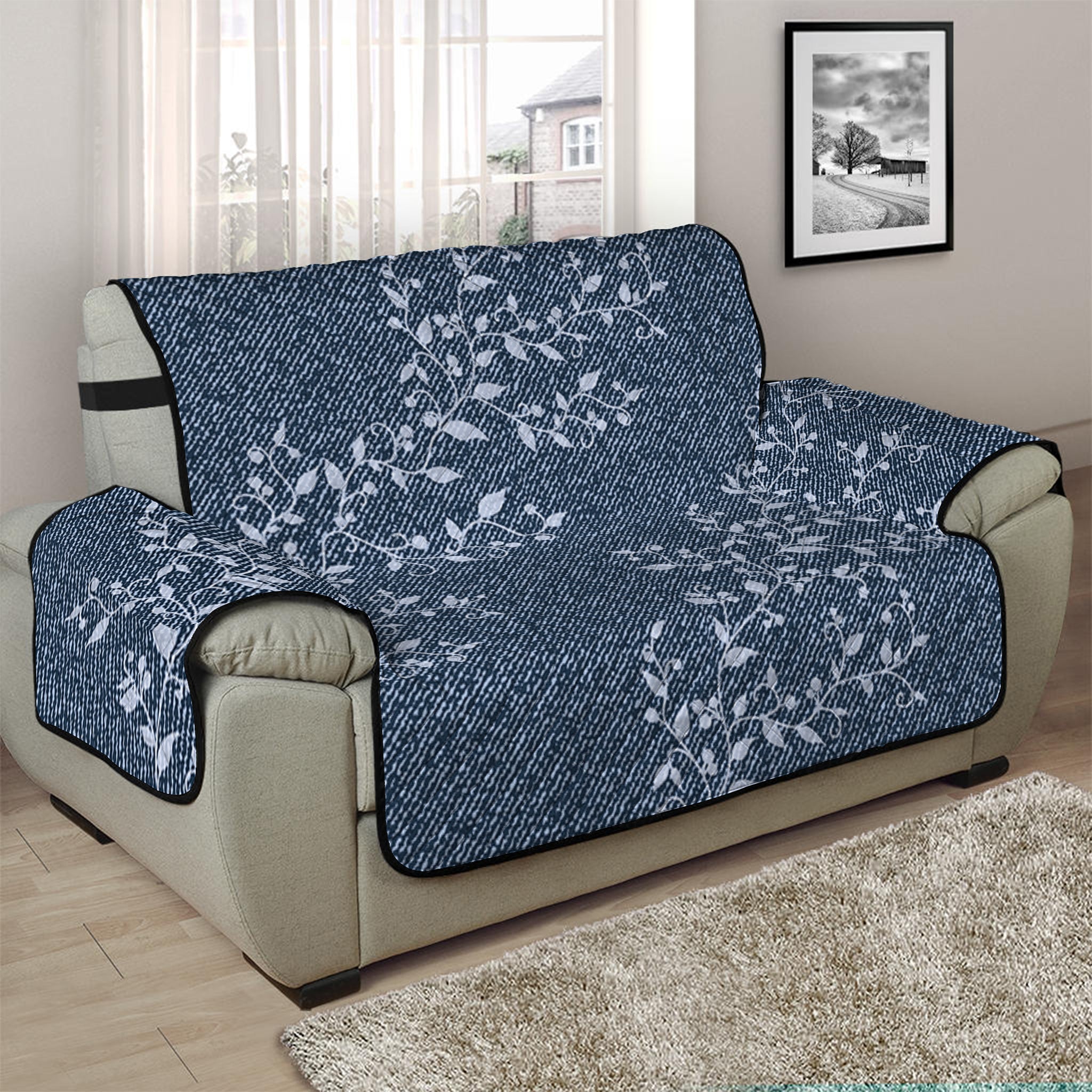 Ivy Flower Denim Jeans Pattern Print Half Sofa Protector