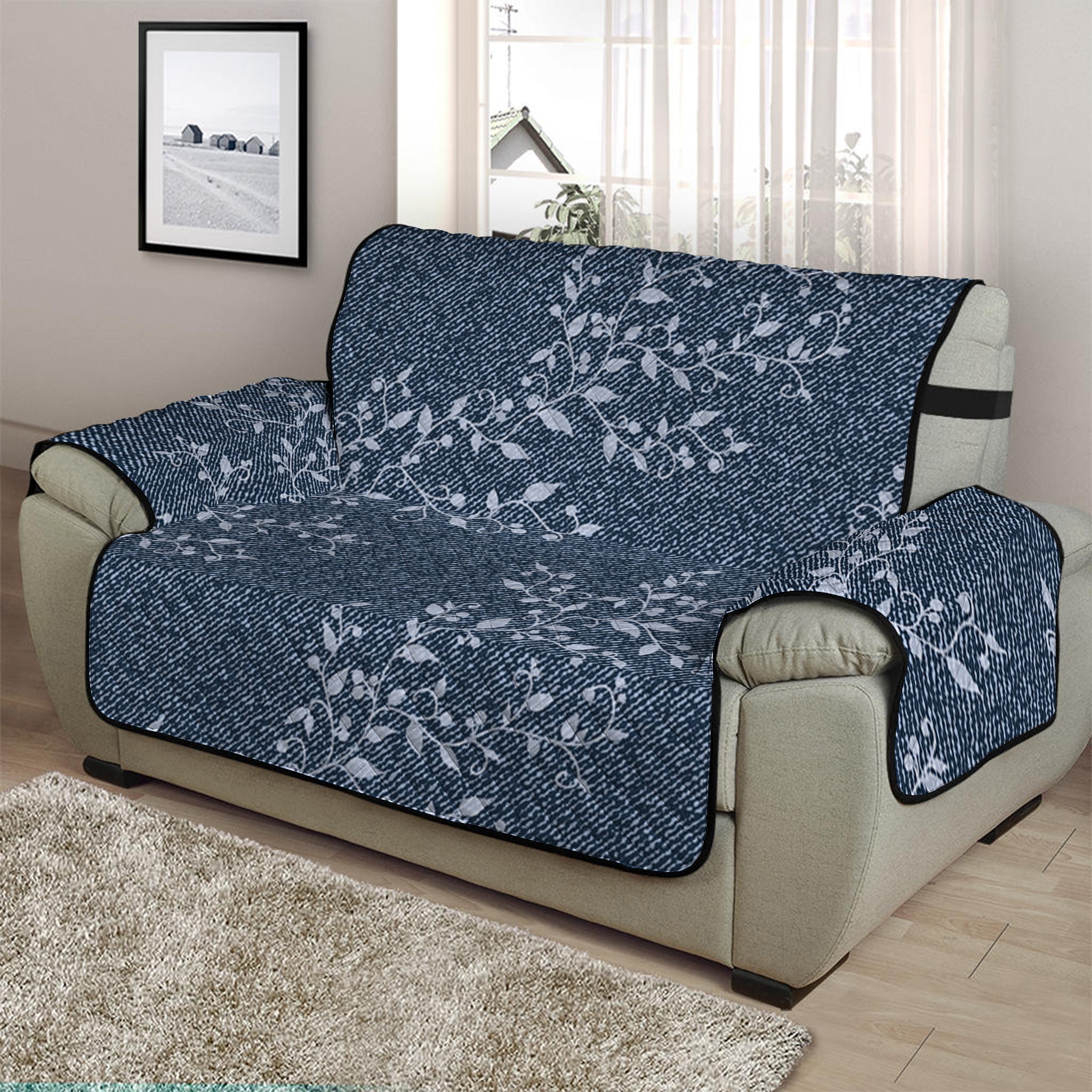 Ivy Flower Denim Jeans Pattern Print Half Sofa Protector