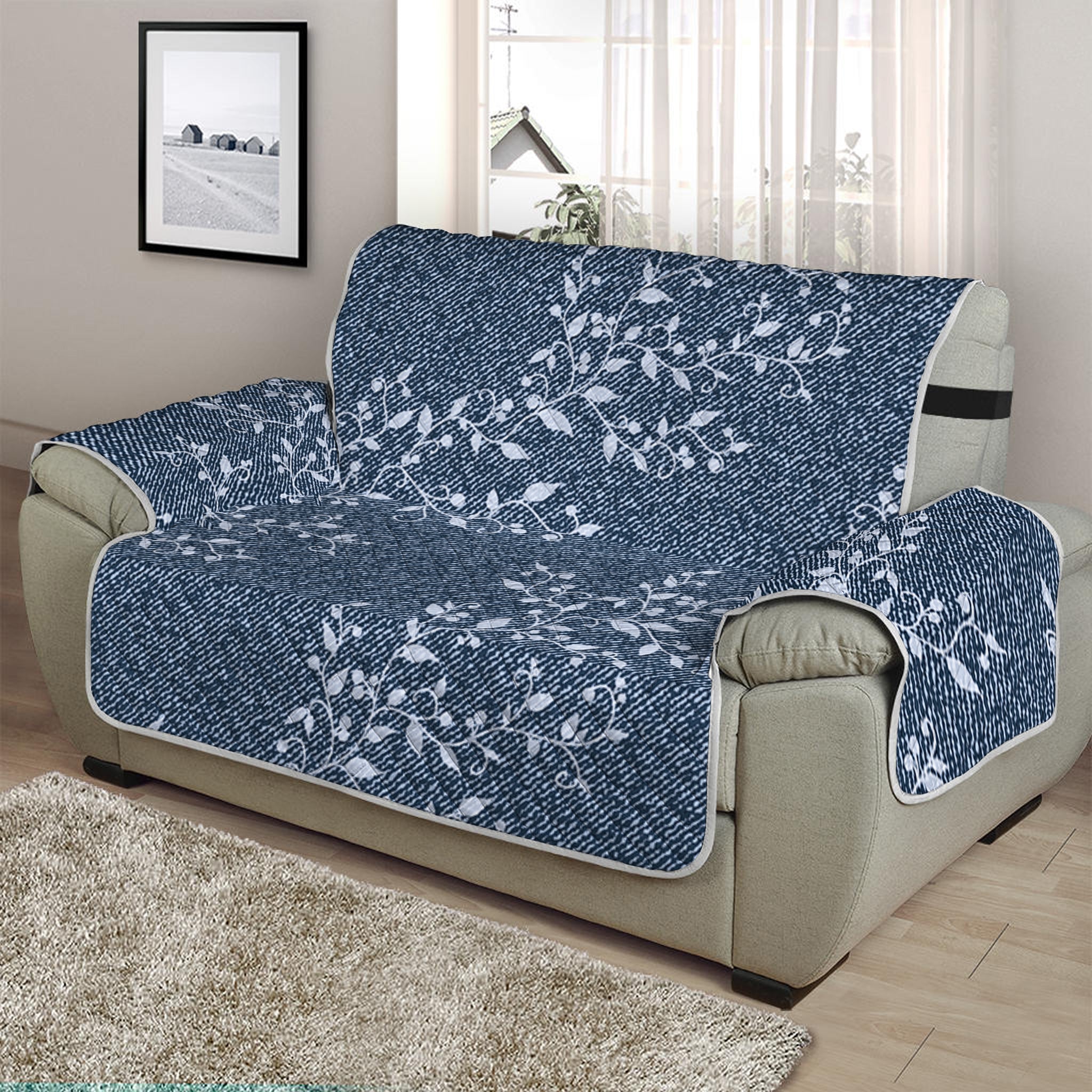 Ivy Flower Denim Jeans Pattern Print Half Sofa Protector