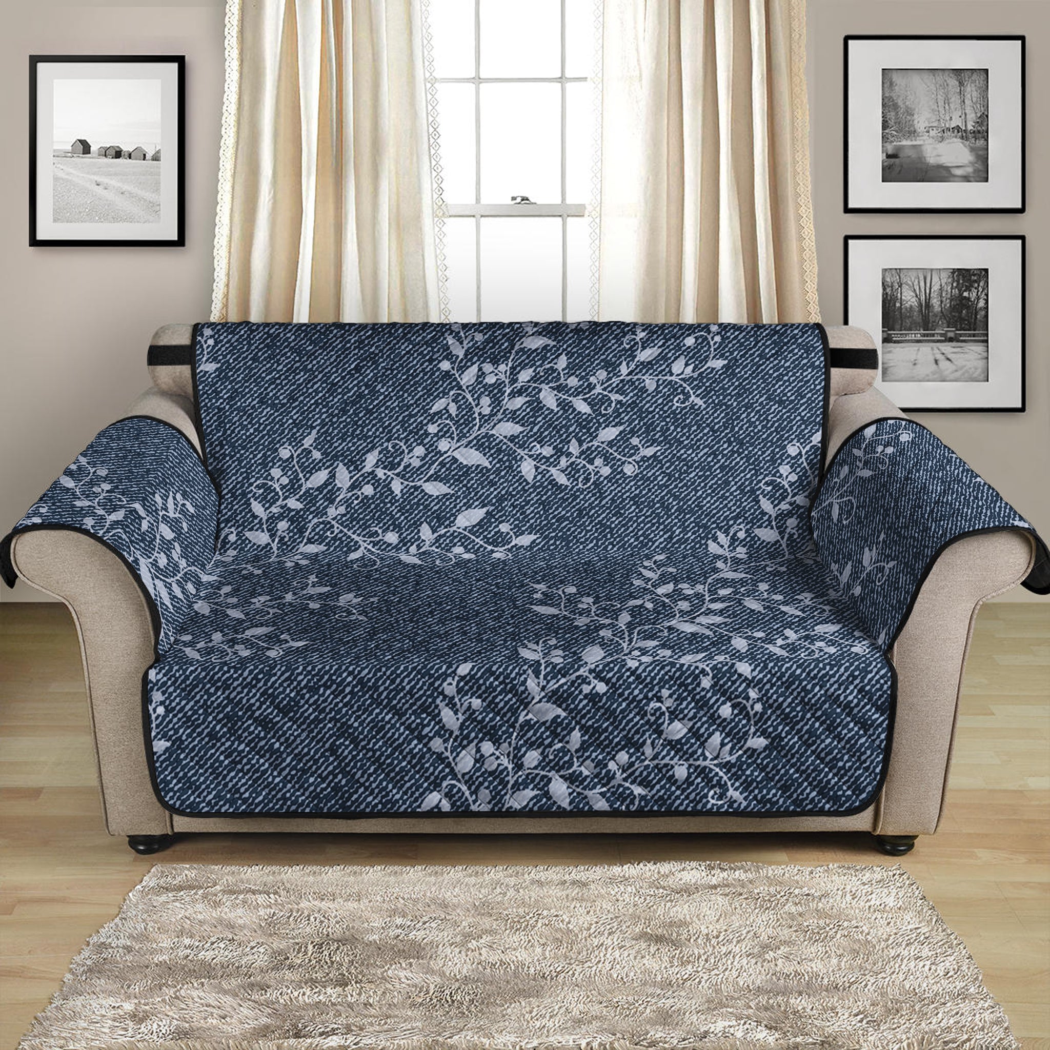 Ivy Flower Denim Jeans Pattern Print Loveseat Protector