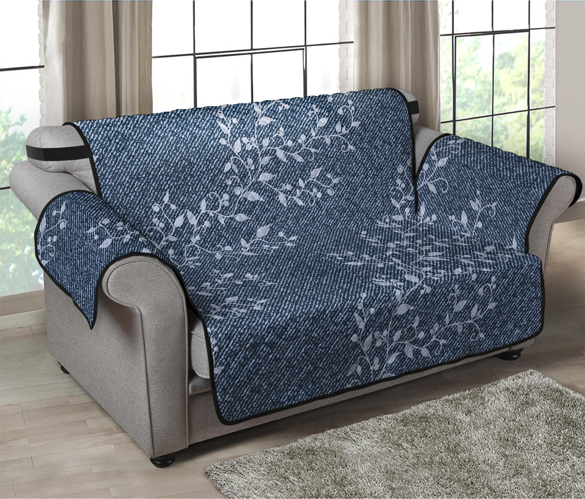 Ivy Flower Denim Jeans Pattern Print Loveseat Protector