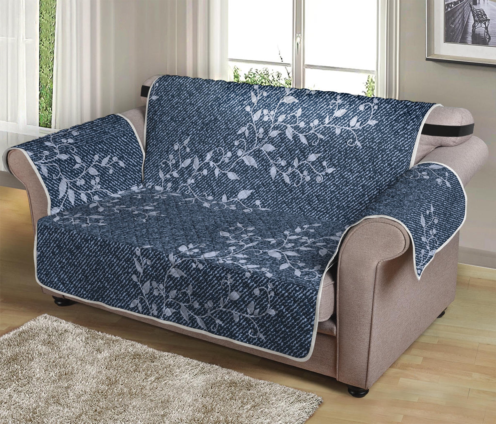 Ivy Flower Denim Jeans Pattern Print Loveseat Protector