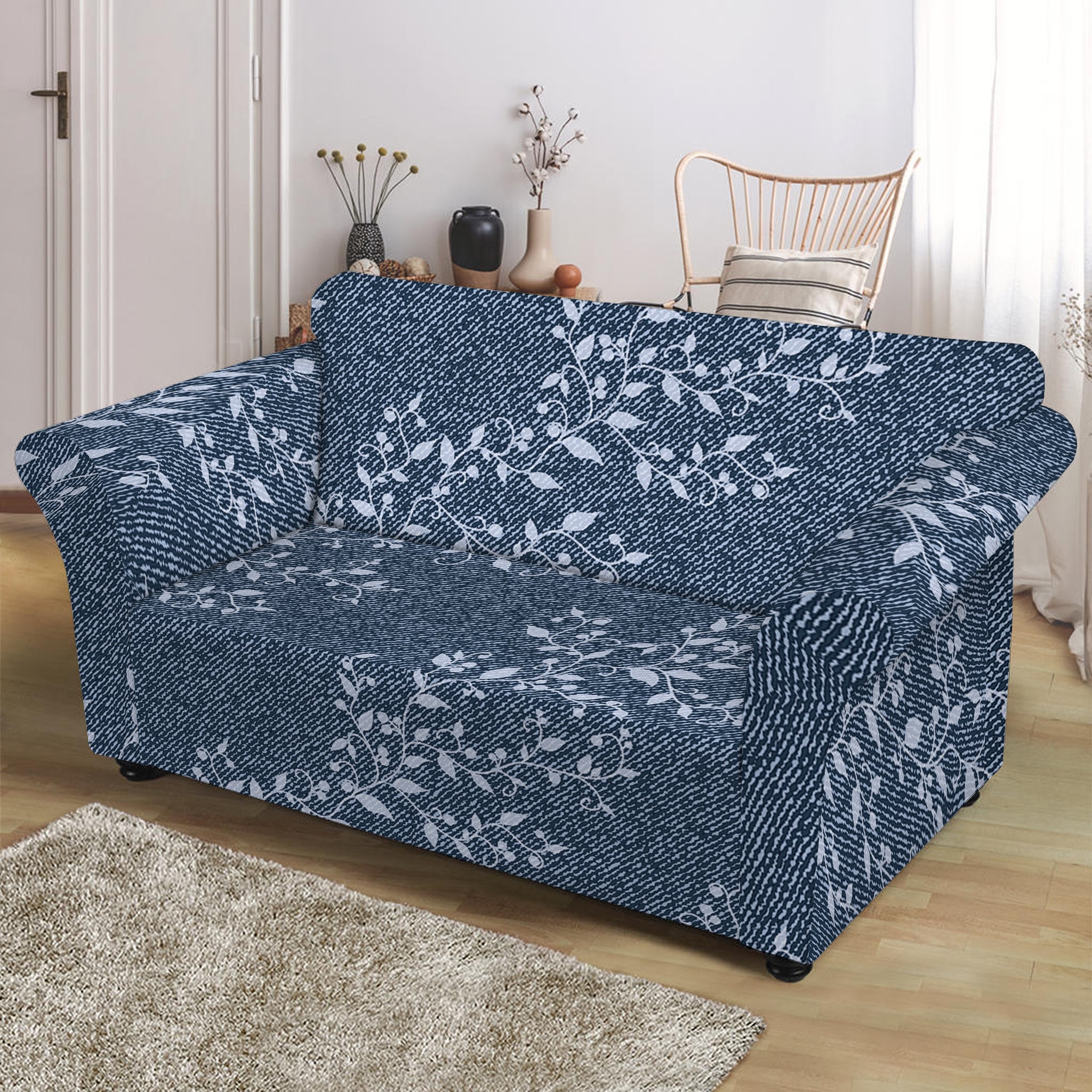 Ivy Flower Denim Jeans Pattern Print Loveseat Slipcover