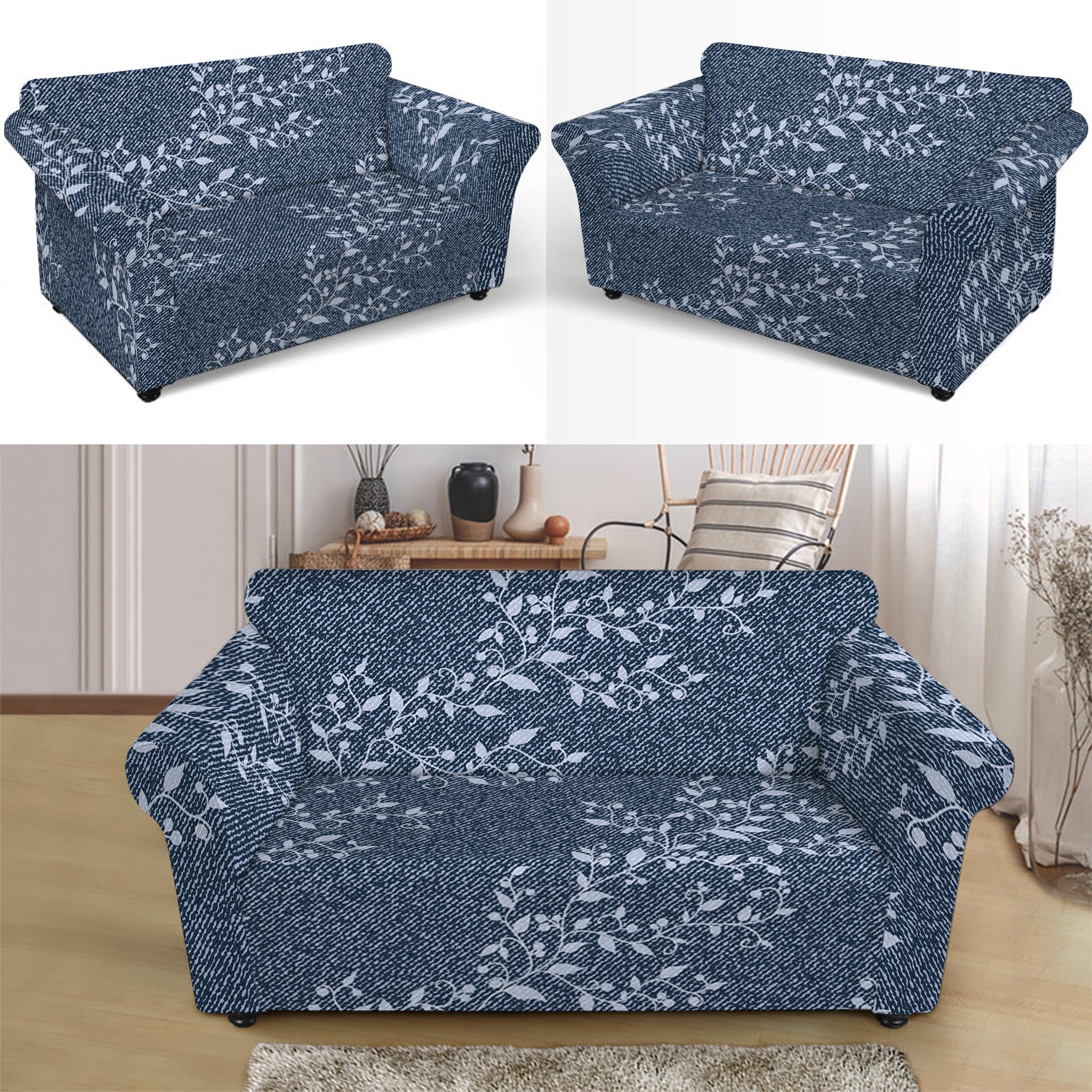 Ivy Flower Denim Jeans Pattern Print Loveseat Slipcover