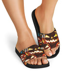 Jack-O'-Lantern Halloween Pumpkin Print Black Slide Sandals