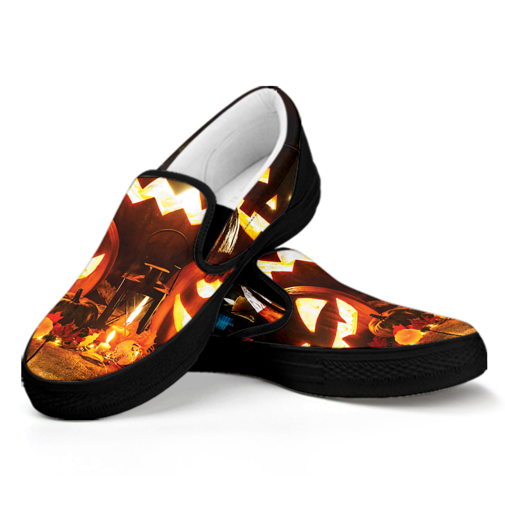 Jack-O'-Lantern Halloween Pumpkin Print Black Slip On Shoes