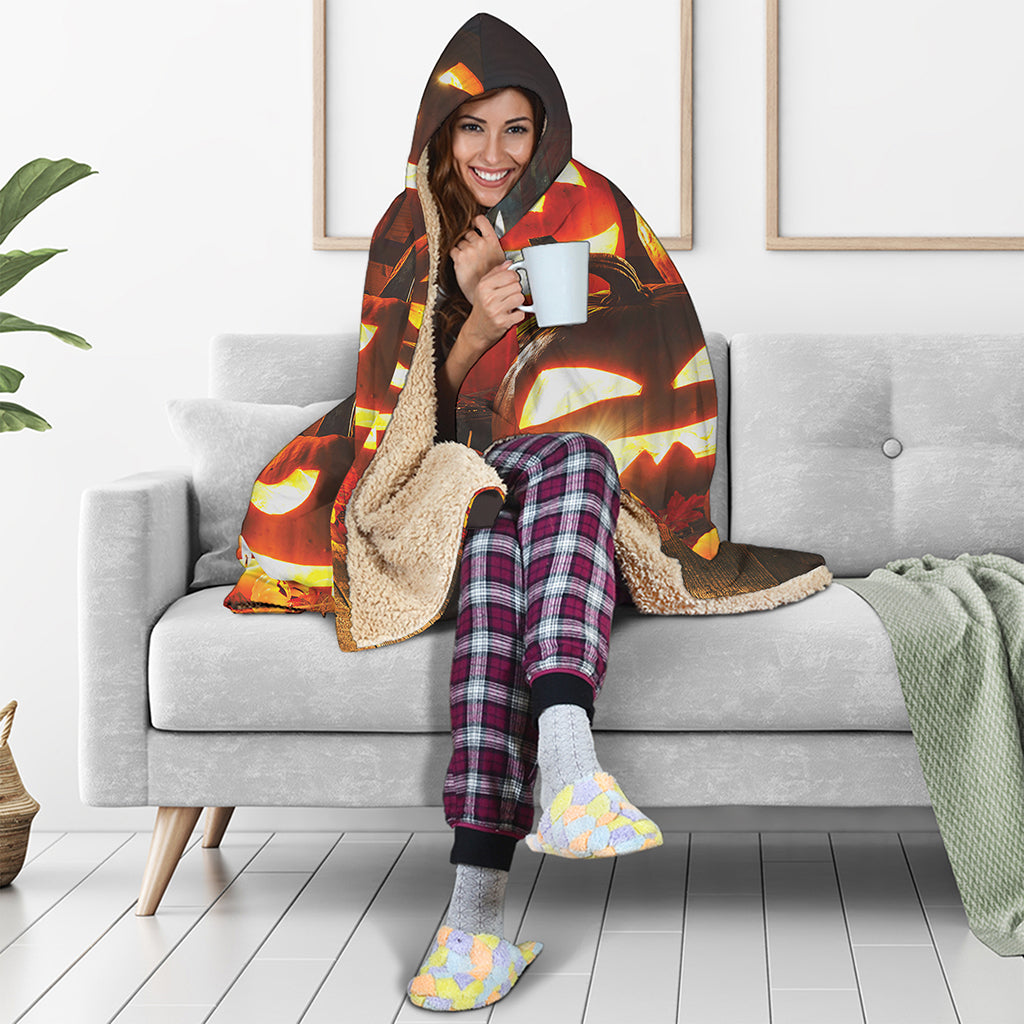 Jack-O'-Lantern Halloween Pumpkin Print Hooded Blanket