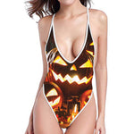 Jack-O'-Lantern Halloween Pumpkin Print One Piece High Cut Swimsuit