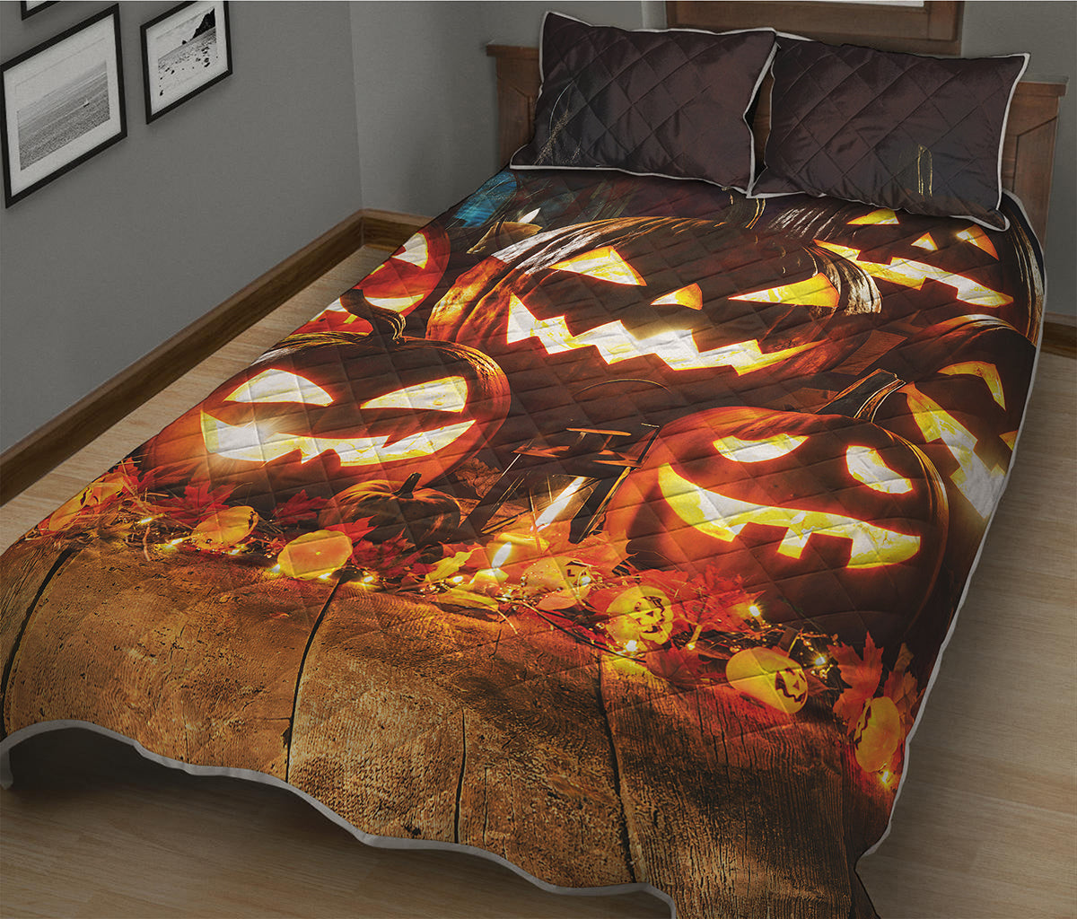 Jack-O'-Lantern Halloween Pumpkin Print Quilt Bed Set
