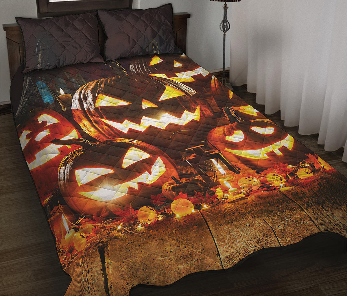 Jack-O'-Lantern Halloween Pumpkin Print Quilt Bed Set