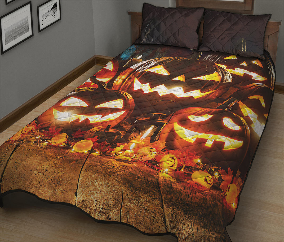 Jack-O'-Lantern Halloween Pumpkin Print Quilt Bed Set