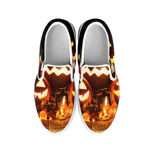 Jack-O'-Lantern Halloween Pumpkin Print White Slip On Shoes