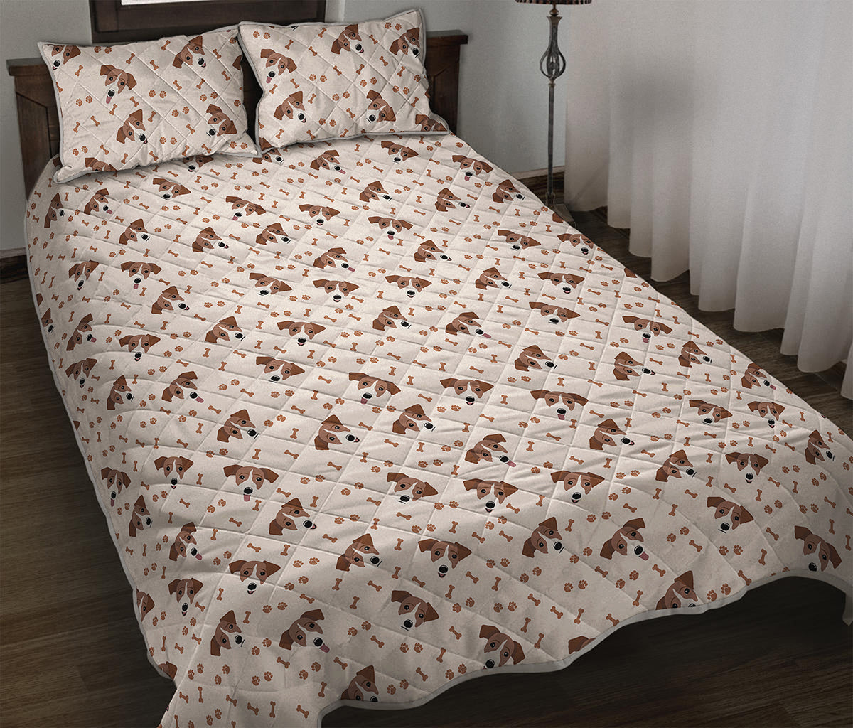 Jack Russell Terrier And Bone Print Quilt Bed Set