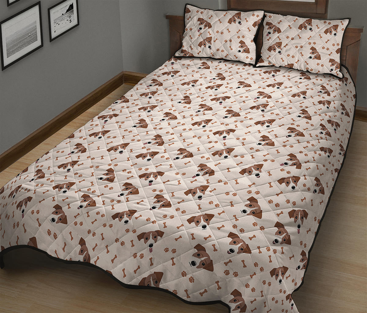Jack Russell Terrier And Bone Print Quilt Bed Set