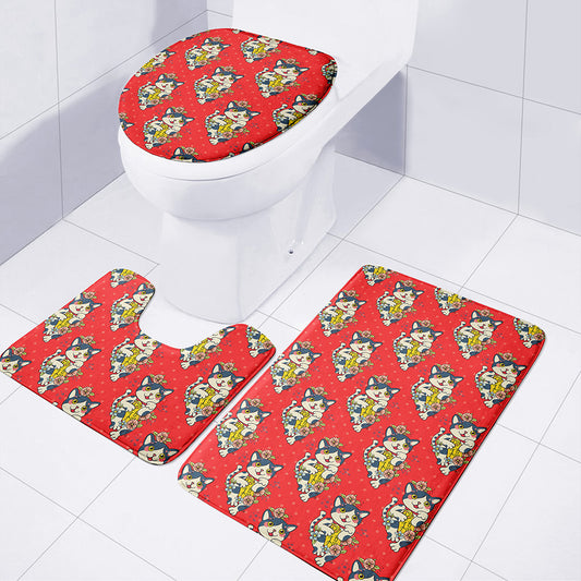 Japanese Cat Maneki Neko Pattern Print 3 Piece Bath Mat Set