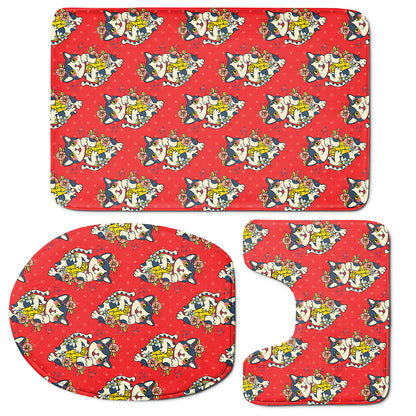 Japanese Cat Maneki Neko Pattern Print 3 Piece Bath Mat Set