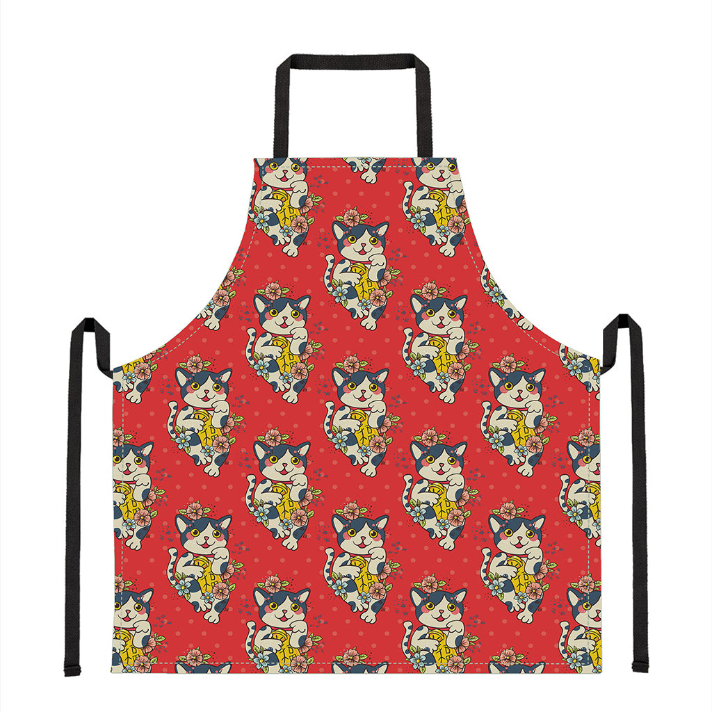 Japanese Cat Maneki Neko Pattern Print Apron
