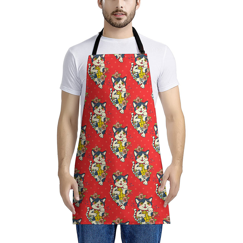 Japanese Cat Maneki Neko Pattern Print Apron