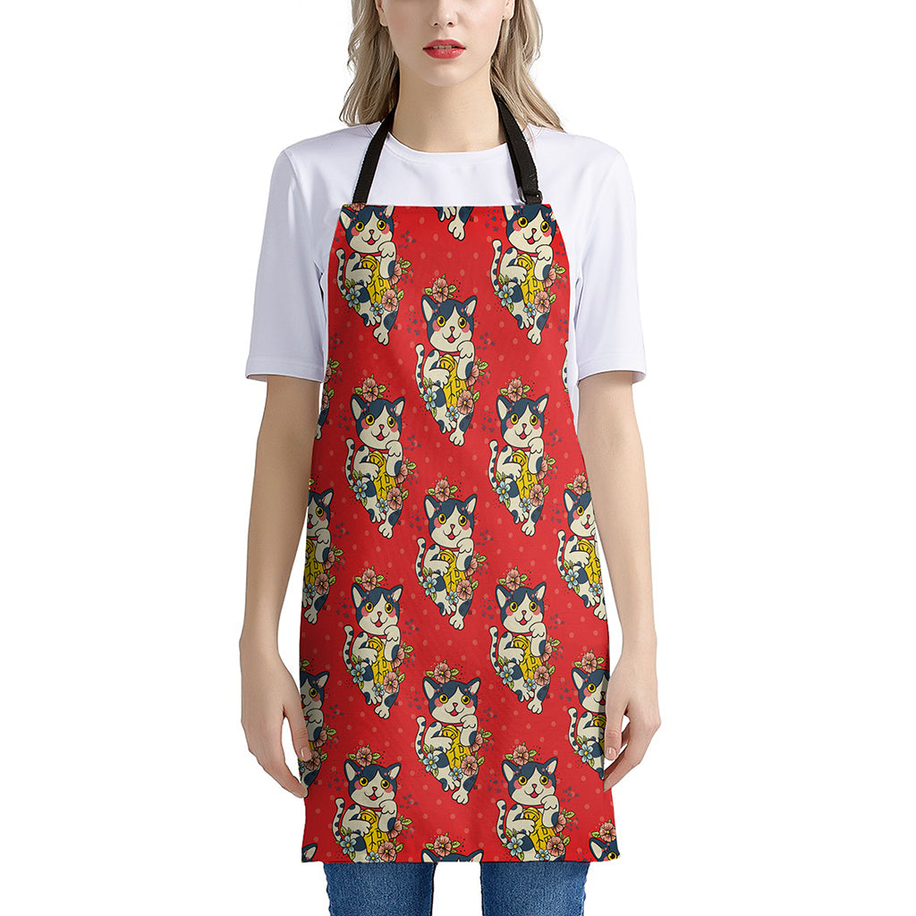 Japanese Cat Maneki Neko Pattern Print Apron