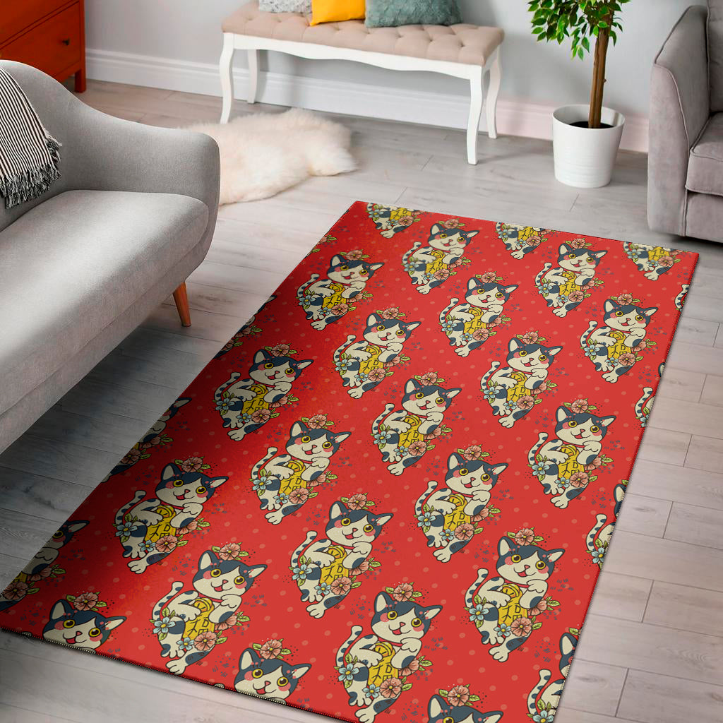 Japanese Cat Maneki Neko Pattern Print Area Rug